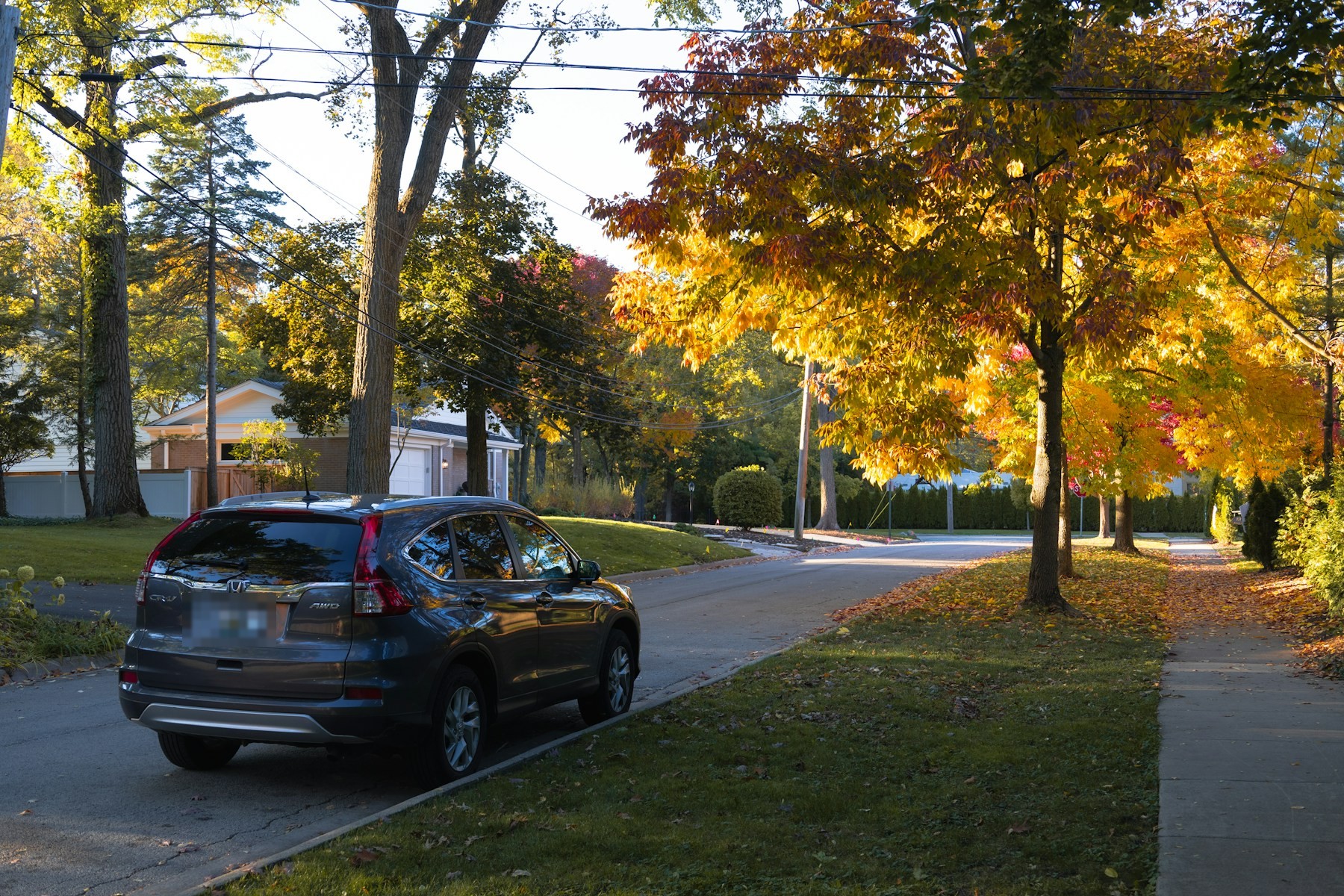 A clean, recent dark gray crossover parked on a suburban street lined with autumn trees. Illustrative photography — not a vehicle held, offered for sale, or priced by Automotive Car Brokers.